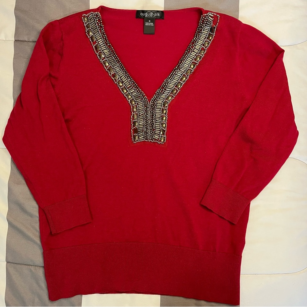 August Silk Red V-Neck Sweater with Beaded Neckline Women’s Size M Medium